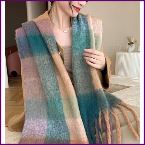 Oversized Chunky Plaid Blanket Scarf Shawl Wrap Winter Warm - Picture 6 of 8